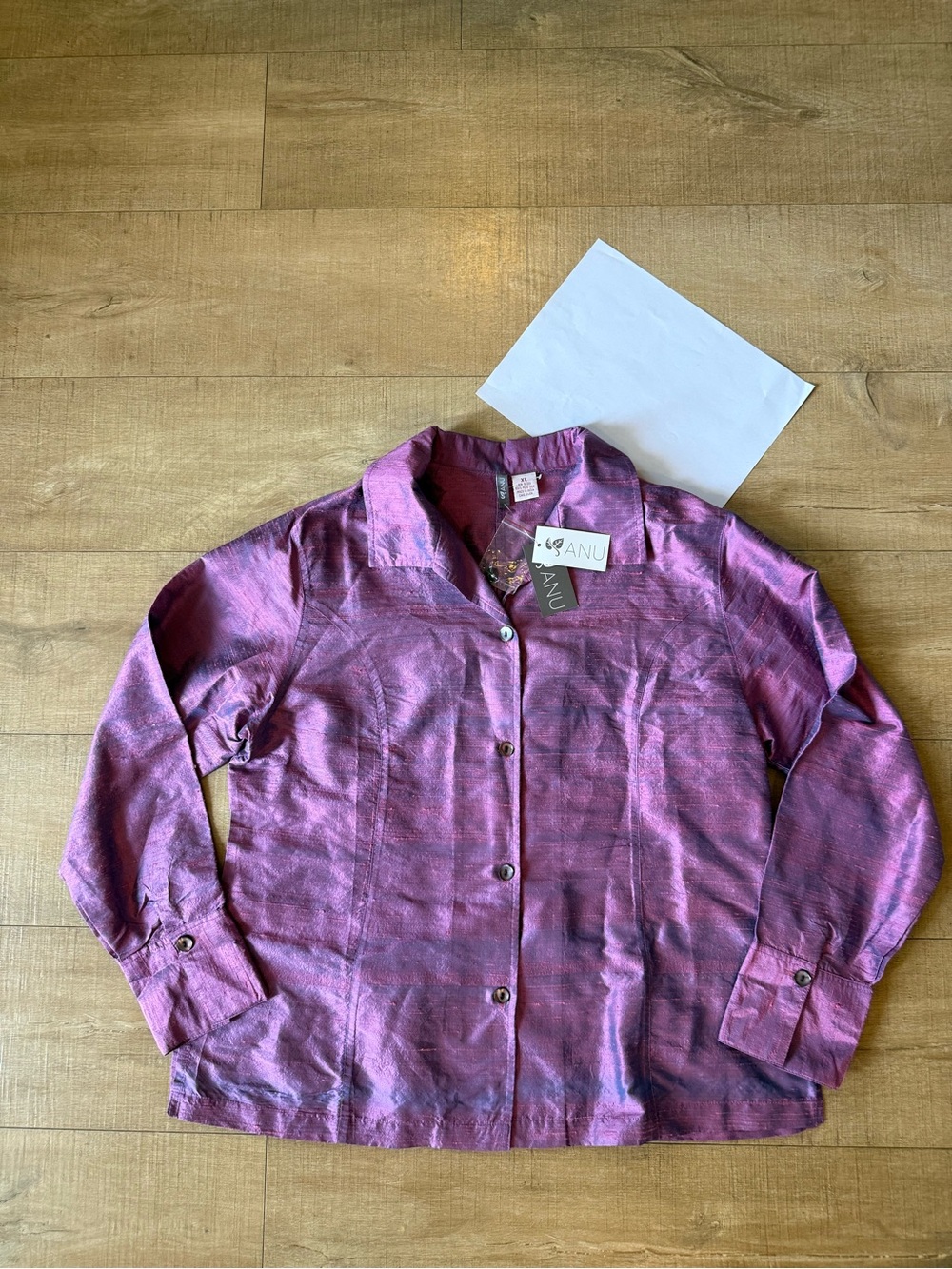 NWT Anu Natural Silk Blouse XL Iridescent antique rose Purple Shantung Shacket - Picture 10 of 12